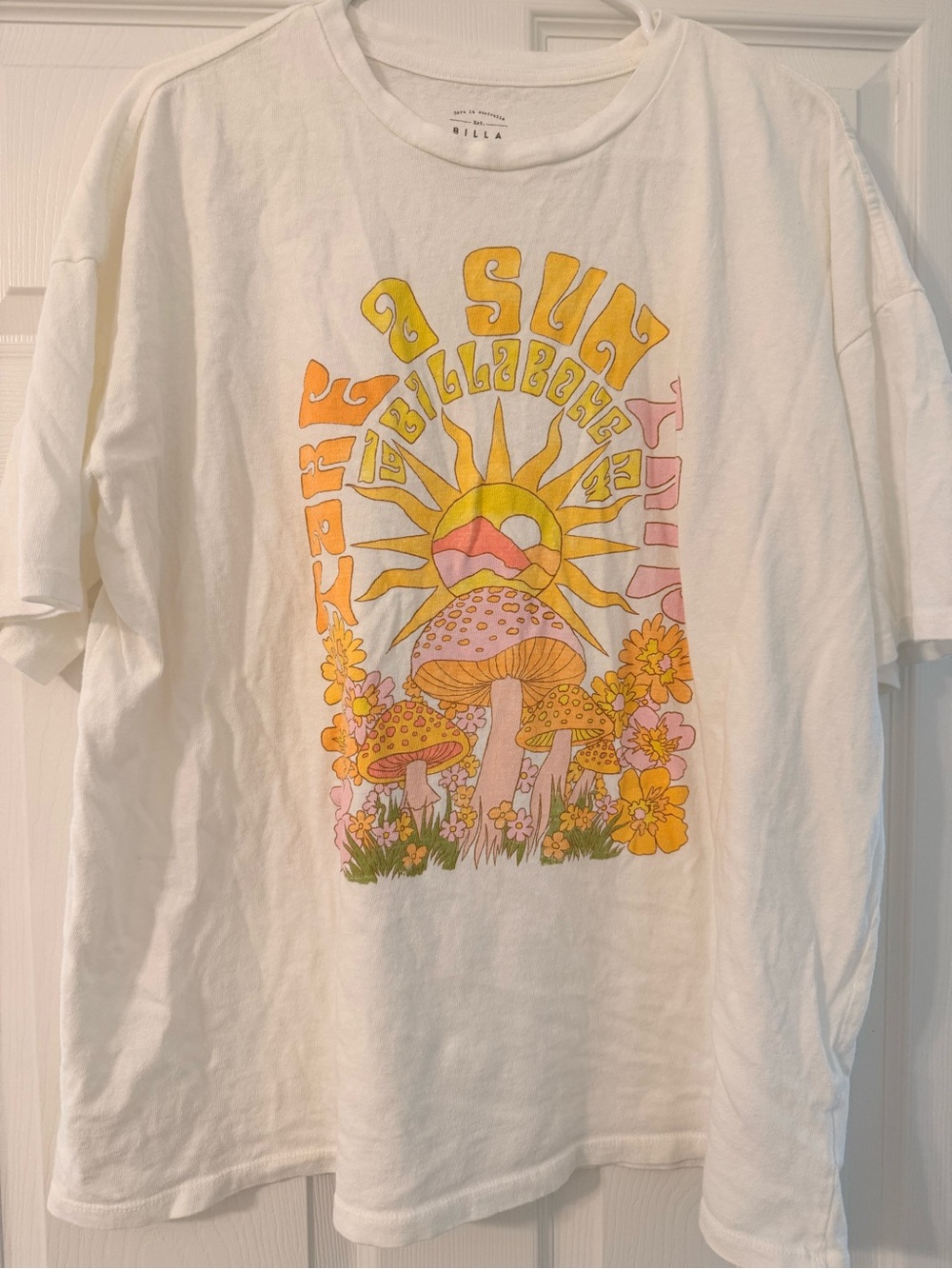 Billabong White Tee with Yellow & Pink Sunflower Mushroom Graphic